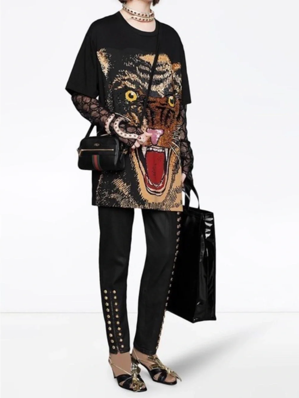Gucci Black Tee with Large Beaded Tiger Face Graphic